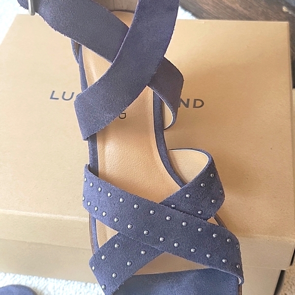 Lucky Brand Stacked Heel Strappy Suede Sandals - Picture 8 of 11
